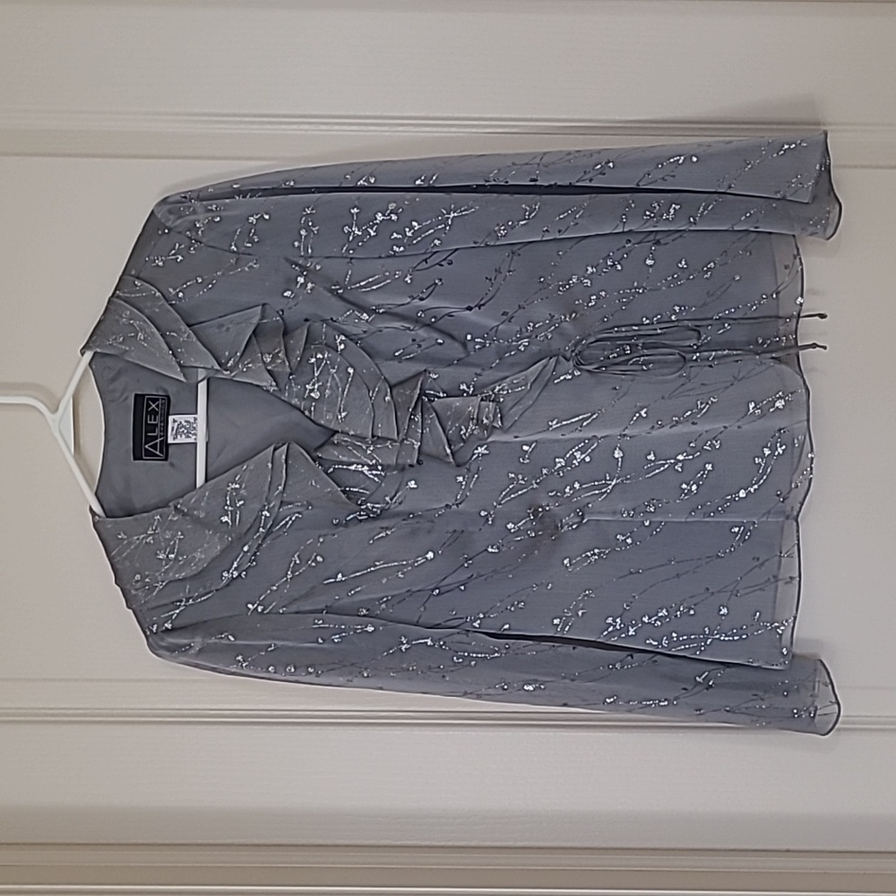 ALEX EVENINGS Silver-Gray Blouse With Ruffle Neckline & Illusion Sleeves Size M